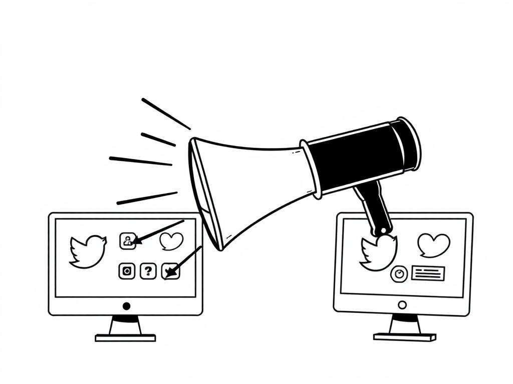 A high-quality black line drawing of a megaphone emitting sound waves, symbolizing visibility, with digital screens displaying social media icons in the background. The design is straightforward, placing emphasis on the megaphone.