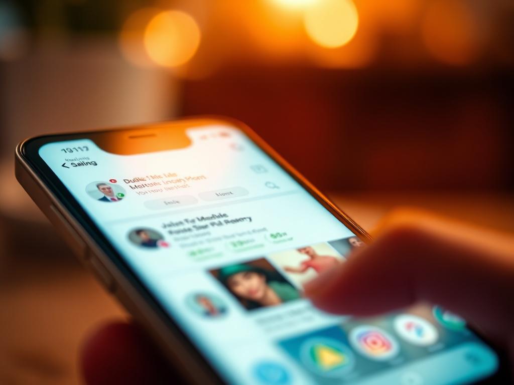 A close-up shot of a smartphone displaying a vibrant social media app interface, with engaging posts and notifications. The background is softly blurred to emphasize the device, and the lighting is warm, creating a welcoming atmosphere. The overall color scheme harmonizes with the #136A5C primary color.