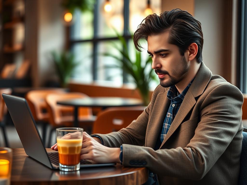A professional-looking influencer sitting in a stylish café, reviewing social media analytics on a laptop. The scene captures the influencer's focused expression, with a colorful coffee drink beside them. The background features soft, natural light and hints of greenery, creating a cozy yet professional ambiance that aligns with the #136A5C primary color.