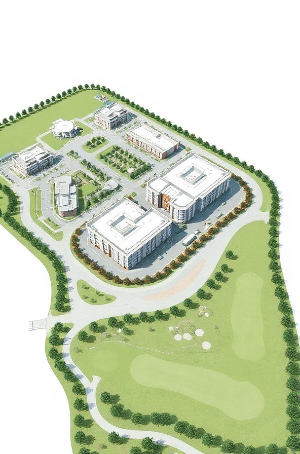 Mixed-use real estate development with golf course 3D CAD technical drawing