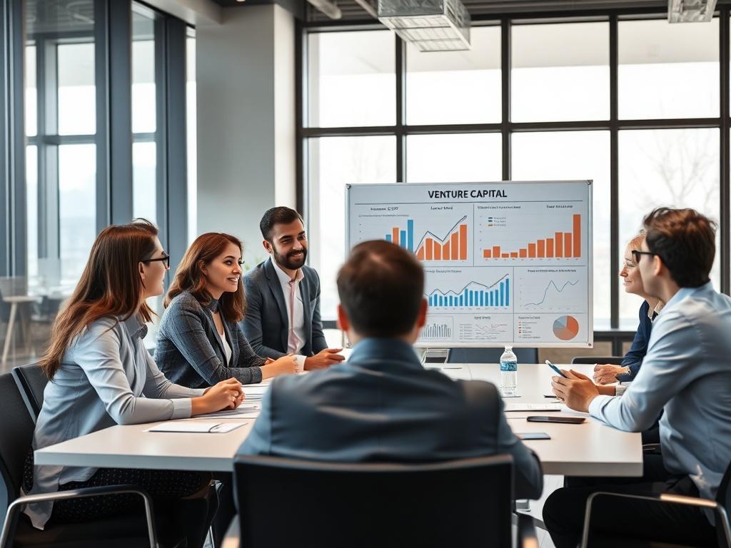 A professional business meeting setting with a diverse group of individuals gathered around a conference table, discussing SPV and syndicate formation. The focus is on a clear presentation board displaying charts and graphs related to venture capital investments. The background shows a modern office with large windows letting in natural light, creating an inviting atmosphere. The image should emphasize collaboration and strategic planning.