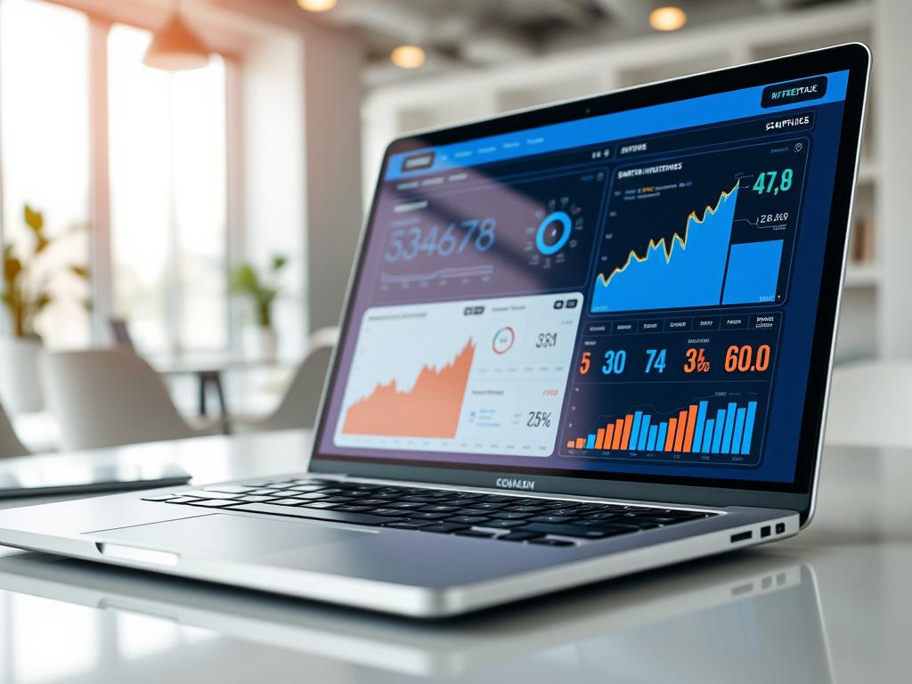 A hyper-realistic close-up shot of a modern digital marketplace interface on a sleek laptop screen, showcasing vibrant graphs and statistics related to startup investments. The laptop is positioned on a clean, minimalistic desk with a soft-focus background featuring an inviting office environment. The image should highlight the innovative nature of digital platforms in venture capital, capturing the essence of technology and finance. The primary color theme should align with rgb(50, 170, 39) to emphasize th