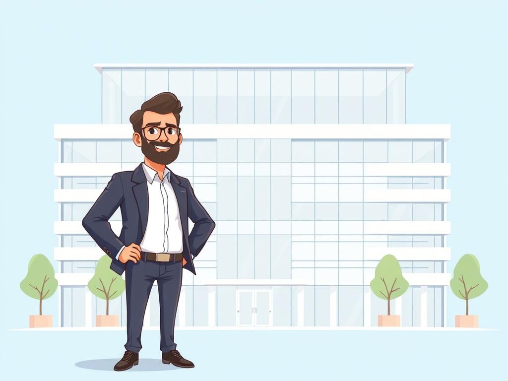 Create a high-quality illustration featuring a single subject: a confident entrepreneur standing in front of a modern office building, symbolizing growth and innovation. The entrepreneur should be depicted in a professional attire, looking optimistic and forward-thinking. The background should be minimalistic with a clear blue sky and soft pastel colors, emphasizing a clean and inspiring environment.