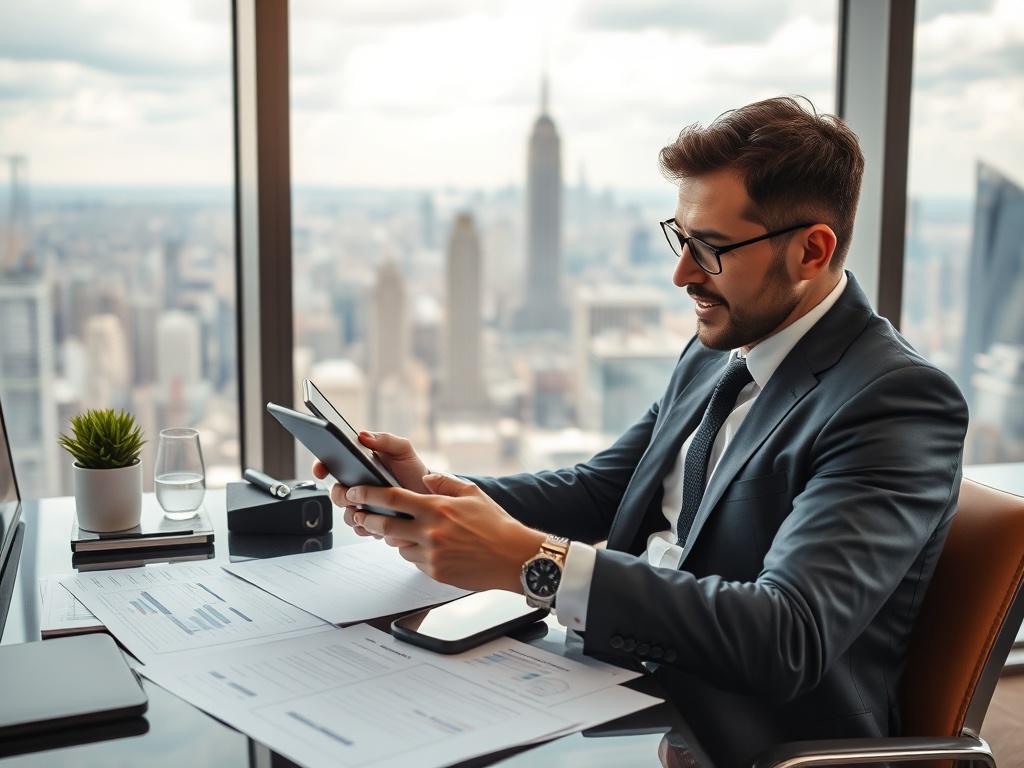 A close-up shot of an investor reviewing potential startup investments on a tablet, seated at a stylish desk with financial documents scattered about. The investor displays a look of contemplation and excitement. The background features a panoramic view of a city skyline, symbolizing growth and opportunity.