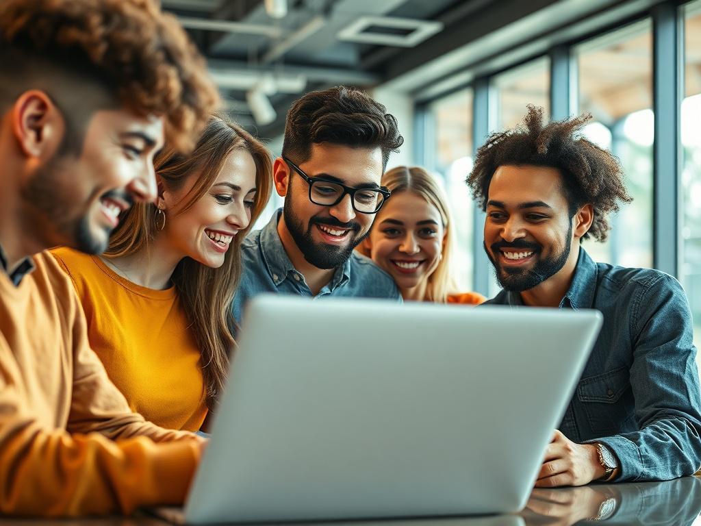 A close-up shot of a diverse group of founders brainstorming over a laptop, set in a modern office environment. The focus is on their expressions of enthusiasm and determination, with vibrant colors reflecting an innovative atmosphere. The background shows a sleek office space with natural light filtering through large windows.