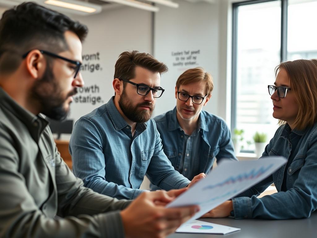 A close-up shot of a startup team discussing their growth strategy, surrounded by charts and graphs in a bright conference room. The team members exhibit focused expressions, showcasing their commitment and drive. The background features a modern, well-lit space with motivational quotes on the walls.