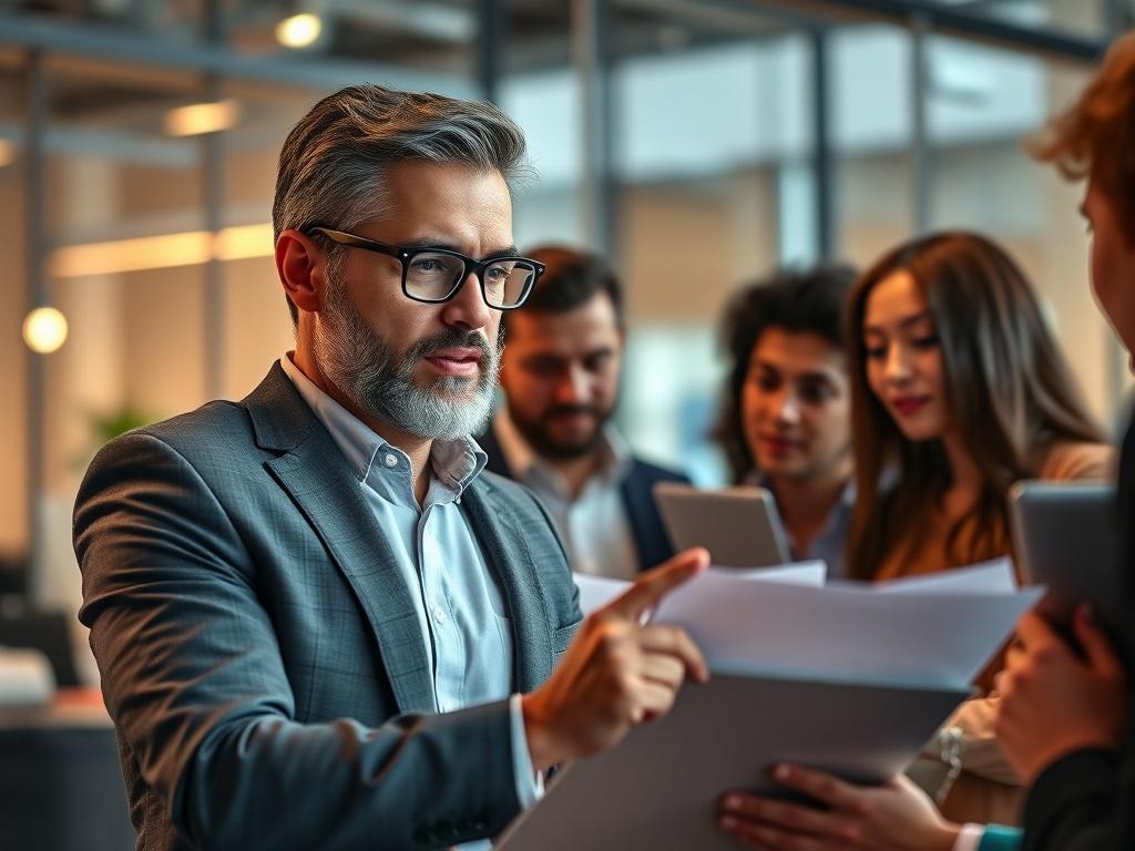 A hyper-realistic close-up shot of a confident entrepreneur in a modern office setting. The entrepreneur is discussing investment strategies with a team, surrounded by charts and digital devices, capturing a dynamic atmosphere of collaboration and innovation. The background is blurred to emphasize the subject, with warm lighting and a contemporary design that reflects a thriving startup environment.