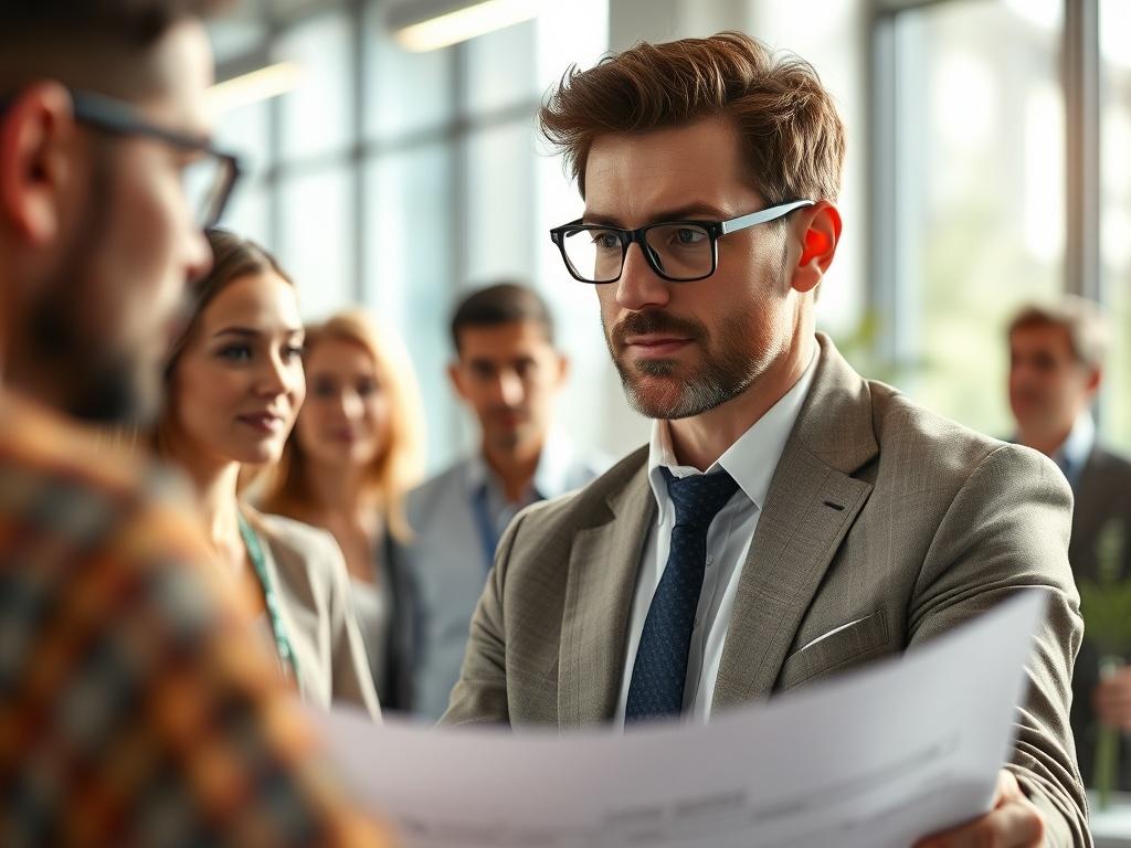 A close-up shot of a confident entrepreneur discussing plans with their team in a modern office setting. The focus should be on the entrepreneur, showcasing determination and vision, with a bright and engaging atmosphere. The background should be subtly blurred to emphasize the subject, and the colors should harmonize with the RGB color (50, 170, 39), reflecting a vibrant and innovative spirit.