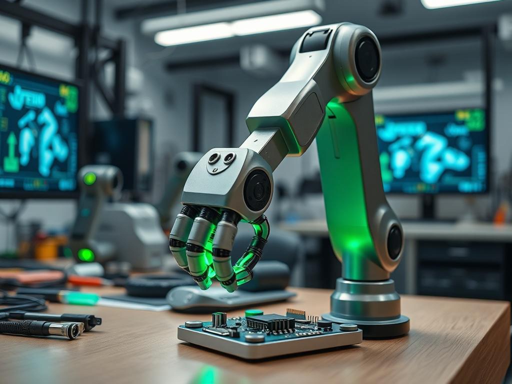 A close-up shot of a sleek and innovative robotic arm working on a cutting-edge technology project. The robotic arm is shown in action, expertly manipulating small electronic components on a modern workbench. The background is softly blurred to emphasize the arm, showcasing a high-tech workspace with tools and screens displaying advanced robotic designs. The color palette is dominated by greens and metallic tones, compatible with the rgb(50, 170, 39) primary color.