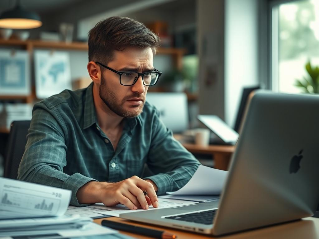 A realistic high-resolution photo focusing on a close-up shot of a stressed founder sitting at a desk cluttered with financial documents and a laptop. The founder looks worried, glancing at the screen, showing signs of frustration. The background should be blurred to emphasize the subject while hinting at a busy office environment. The primary color theme should incorporate shades of green to align with the rgb(50, 170, 39) color.