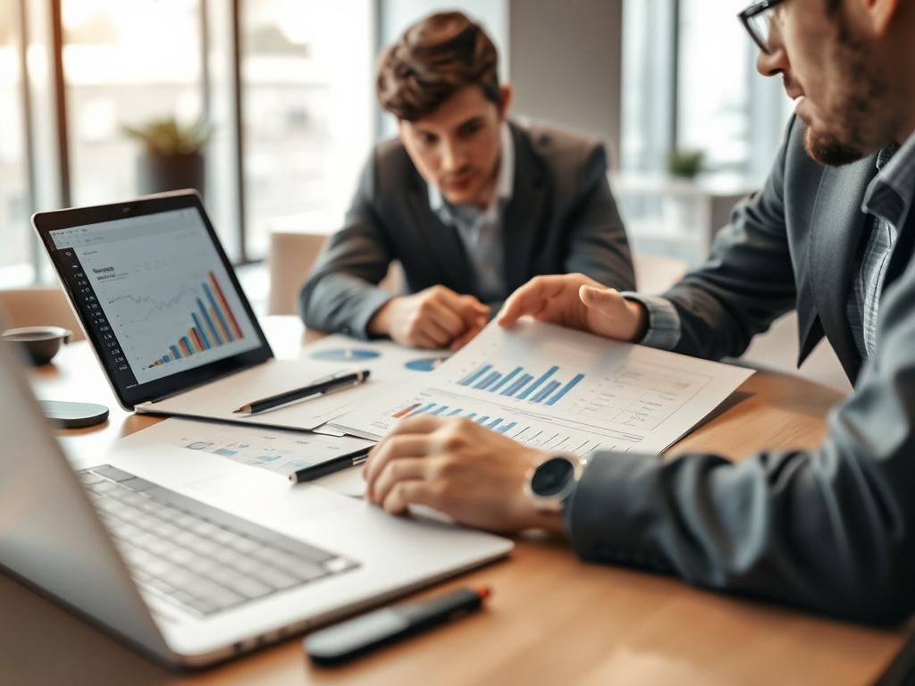 A professional consultant discussing a detailed investment strategy with a startup founder. The scene captures a close-up of a table with financial documents, charts, and a laptop open displaying data analytics. The background is a modern office setting with soft lighting, emphasizing collaboration and strategic planning.