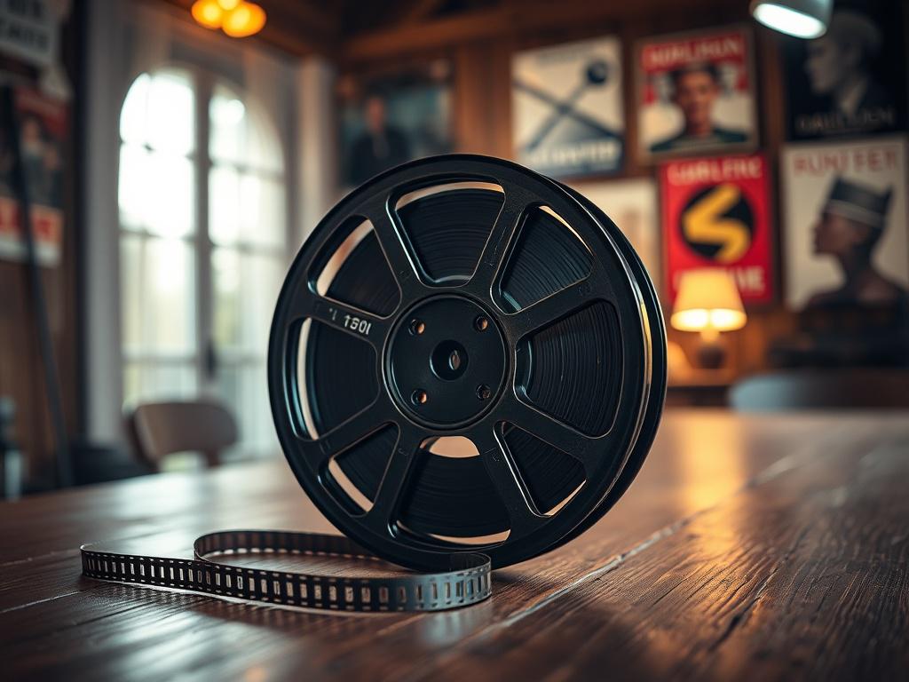 A close-up shot of a film reel on a rustic wooden table, with soft, warm lighting illuminating the film reel. The background is blurred, showcasing a cozy film studio atmosphere with hints of vintage film posters on the walls. The focus is on the intricate details of the film reel, capturing the essence of indie filmmaking. The colors should harmonize with the primary color rgb(50, 170, 39).