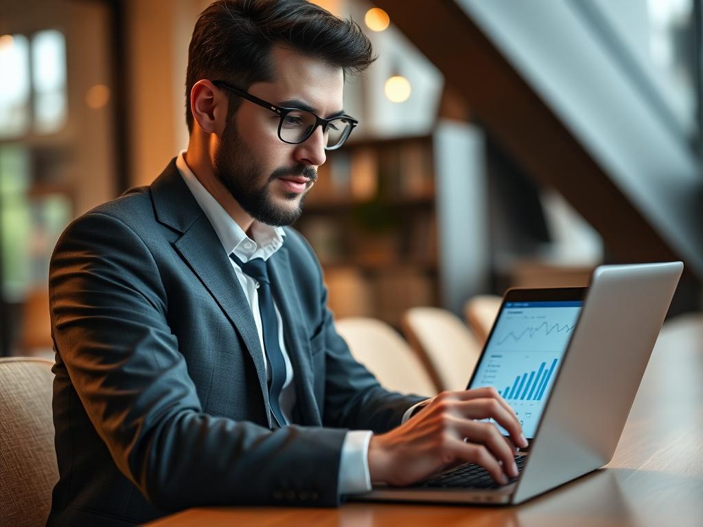 A close-up shot of a confident business professional in a modern office setting, engaging with digital analytics on a laptop. The background should be softly blurred, focusing on the individual who is analyzing data charts and graphs on the screen. The overall tone should convey professionalism and innovation, with warm lighting to create an inviting atmosphere.