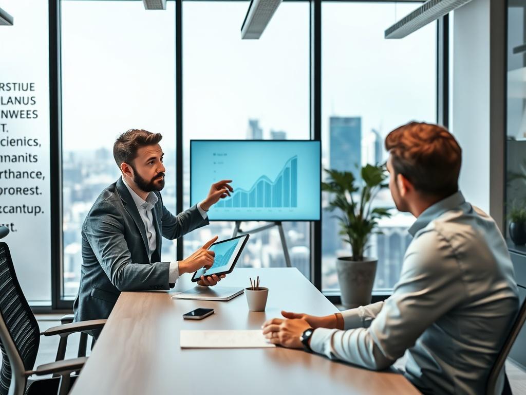 A focused close-up shot of a business consultant sitting at a modern desk, engaged in a discussion with a startup founder. The consultant is holding a tablet and pointing to a financial growth chart displayed on the screen. The background is a bright, well-lit office space with motivational quotes on the walls and a large window showing a cityscape. The primary color in the image is rgb(50, 170, 39).