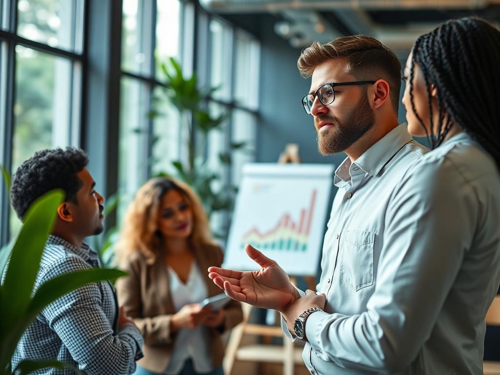 A hyper-realistic close-up shot of a confident entrepreneur discussing ideas with a diverse team in a modern office setting. The entrepreneur is standing at a whiteboard displaying a growth chart, with team members actively engaged in conversation. The background shows a sleek, contemporary office with large windows and greenery, creating a vibrant atmosphere. The image captures the essence of collaboration and innovation, emphasizing the dynamic nature of startup investment.