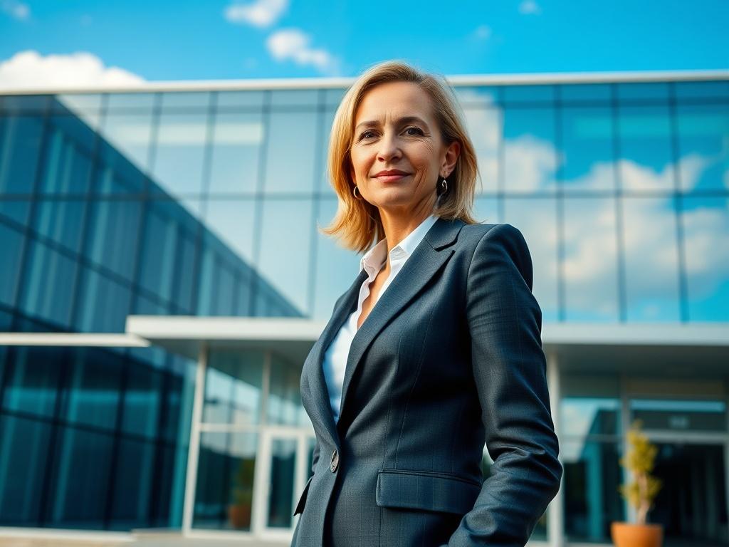 A photorealistic image of a confident entrepreneur standing in front of a modern office building, showcasing ambition and determination. The entrepreneur, a middle-aged woman wearing a stylish business suit, is looking directly at the camera with a slight smile. The office building is sleek and contemporary, with large glass windows reflecting the blue sky. The background features a clear, sunny day with minimal distractions, focusing on the entrepreneur as the central subject. The overall composition is clean and minimalistic, highlighting the essence of success and professional growth.
