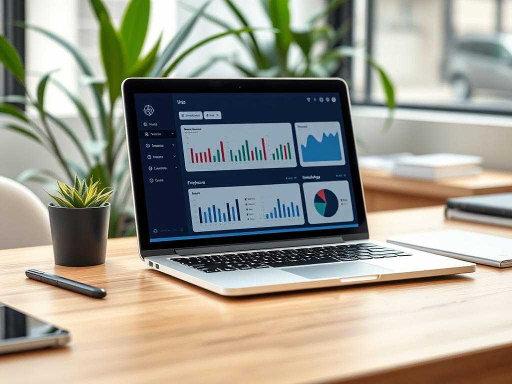 A high-resolution close-up shot of a professional-looking desk with a laptop open, displaying a digital outreach campaign dashboard. The background should be softly blurred to emphasize the desk and laptop, with a hint of green plants in the background, hinting at a vibrant working environment. The overall composition should convey a sense of productivity and focus, suitable for a venture capital firm.