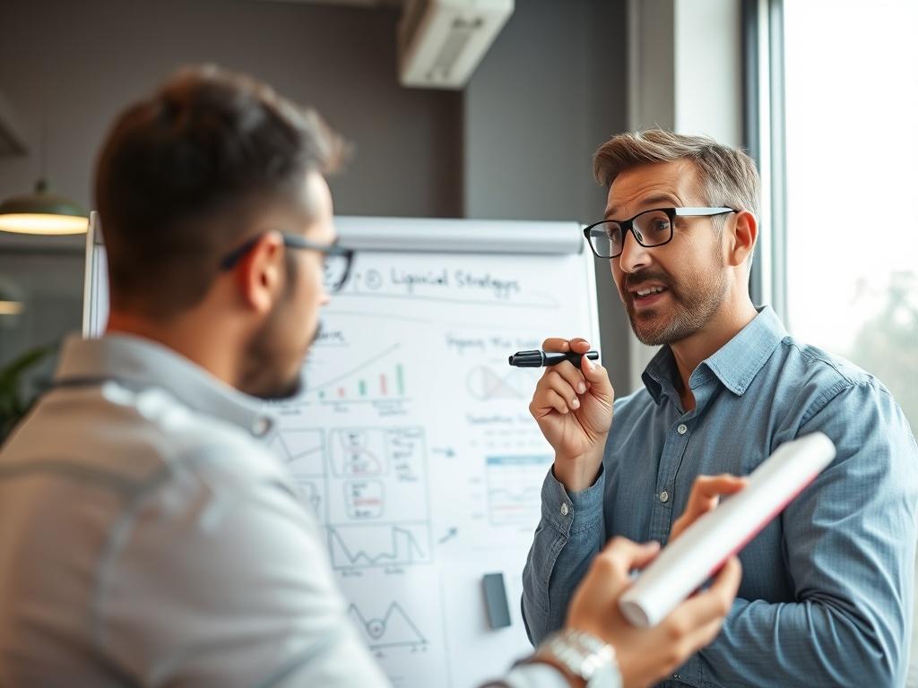 An engaging close-up of a financial advisor discussing liquidity strategies with a startup founder, using a whiteboard covered with diagrams and notes. The setting should be bright and modern, with elements of teamwork and collaboration. The advisor should be animated and focused, illustrating a point with a marker. The background should be softly blurred, emphasizing the dynamic exchange of ideas.