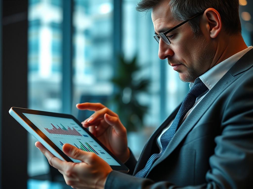 A high-resolution close-up of a market analyst working on a tablet, reviewing data and charts related to market potential. The setting should reflect a contemporary office atmosphere, with a focus on the tablet screen displaying graphs. The analyst should appear engaged, wearing business attire, with a thoughtful expression. The background should be slightly out of focus, highlighting the subject's concentration on market analysis.