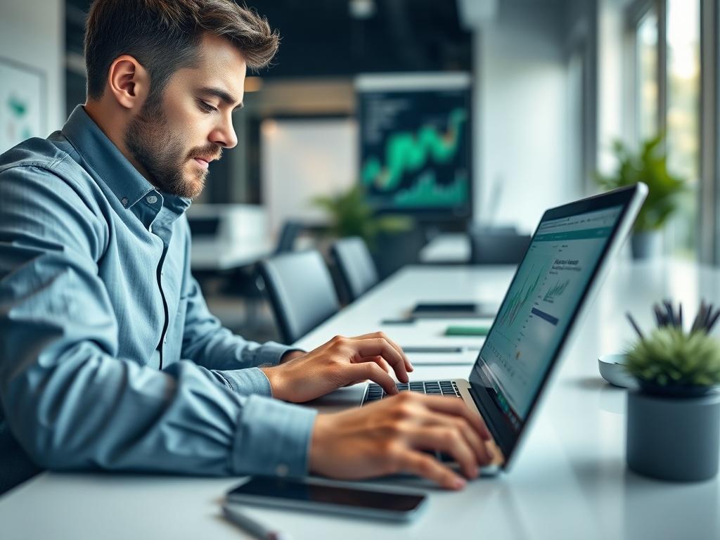 A close-up shot of a business professional engaging with data analytics on a laptop, showcasing graphs and charts on the screen. The setting is a modern office with a clean and organized desk. The background is softly blurred to emphasize the subject. The color palette includes green elements to reflect the brand colors of Velocity Capital.