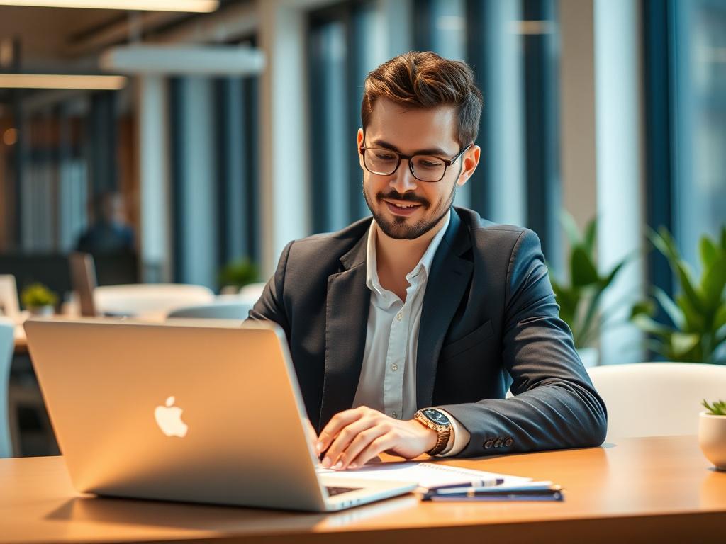 A dynamic close-up shot that captures the essence of a venture capitalist in action. The subject should be a confident, professional-looking individual, dressed in smart-casual attire, sitting at a modern desk with a laptop, analyzing data on a screen. The background should be a sleek office space with subtle hints of green plants to represent growth and potential. The lighting should be bright and inviting, focusing on the subject's engaged expression, conveying the idea of partnership and fast decision-ma