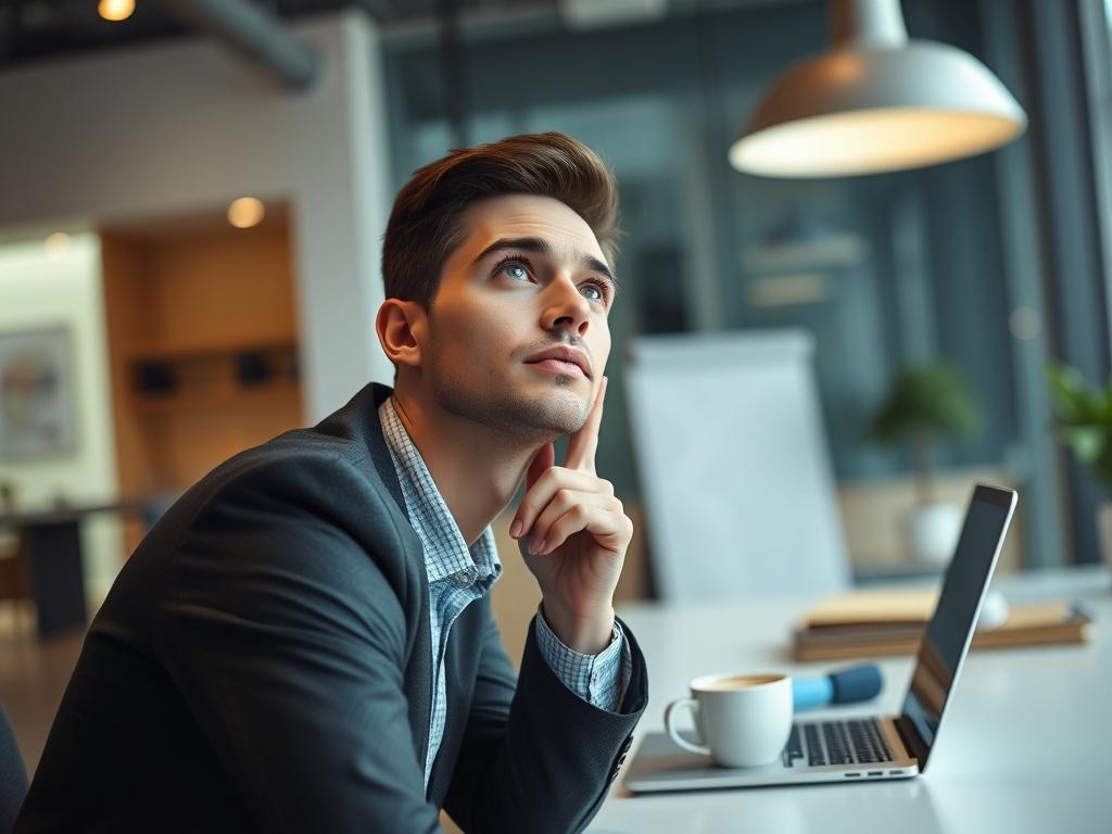 A close-up shot of a thoughtful entrepreneur in a modern office environment, reflecting deep concentration. The background is softly blurred, showcasing a sleek desk with a laptop and a coffee cup. The subject is looking up, as if pondering a solution to a difficult challenge, embodying the theme of overcoming obstacles in business. The image should be realistic and high-resolution, shot with a 45mm f/1.2 lens style, and should harmonize with the primary color rgb(50, 170, 39).