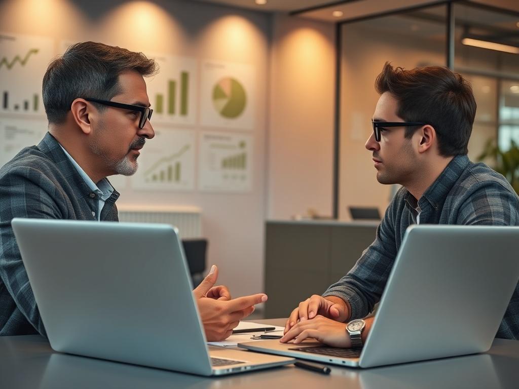 A high-resolution close-up shot of a professional advisor sitting at a modern office desk, engaged in a discussion with a startup founder. The advisor, a middle-aged person with glasses, appears knowledgeable and approachable, offering guidance. The background features a sleek office with financial charts on the wall, and a laptop open with graphs visible on the screen. The lighting is warm and inviting, creating a productive atmosphere.