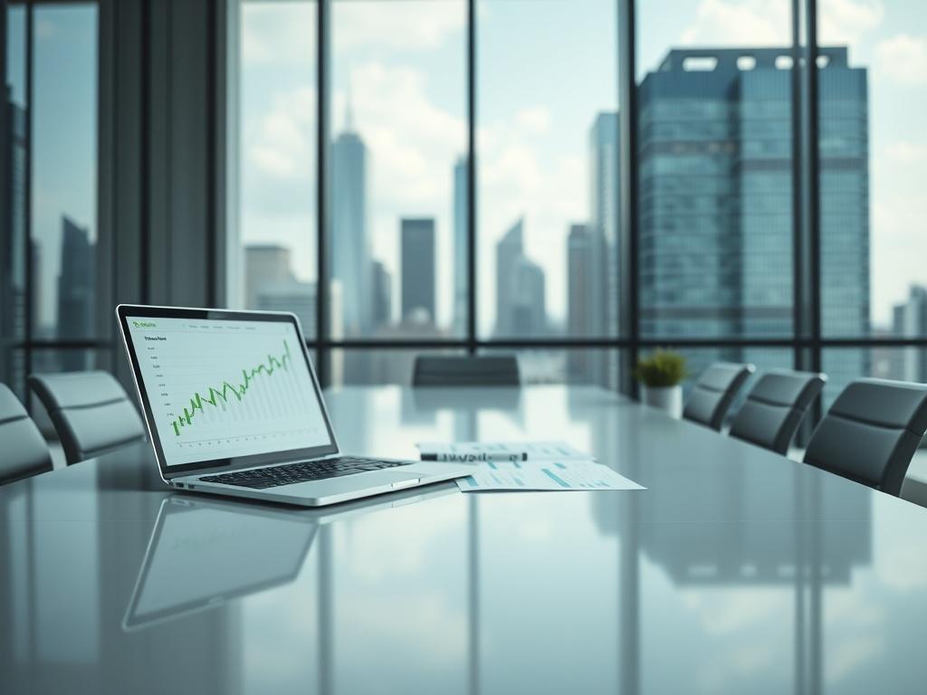 A hyper-realistic close-up shot of a modern office space with a sleek conference table in the foreground. On the table, there are financial documents and a laptop displaying graphs and startup data. The background features a large window showing a city skyline, emphasizing a professional and dynamic business environment. The color scheme incorporates green elements to reflect innovation and growth.