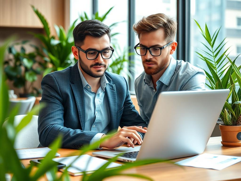 A hyper-realistic close-up shot of a confident entrepreneur in a modern office setting, surrounded by vibrant green plants and high-tech gadgets. The entrepreneur is focused on reviewing startup pitches on a laptop, showcasing determination and ambition. The background features a sleek desk with a notepad and financial reports, emphasizing a dynamic and professional atmosphere. The lighting is bright and inspiring, reflecting a forward-thinking venture capital environment.