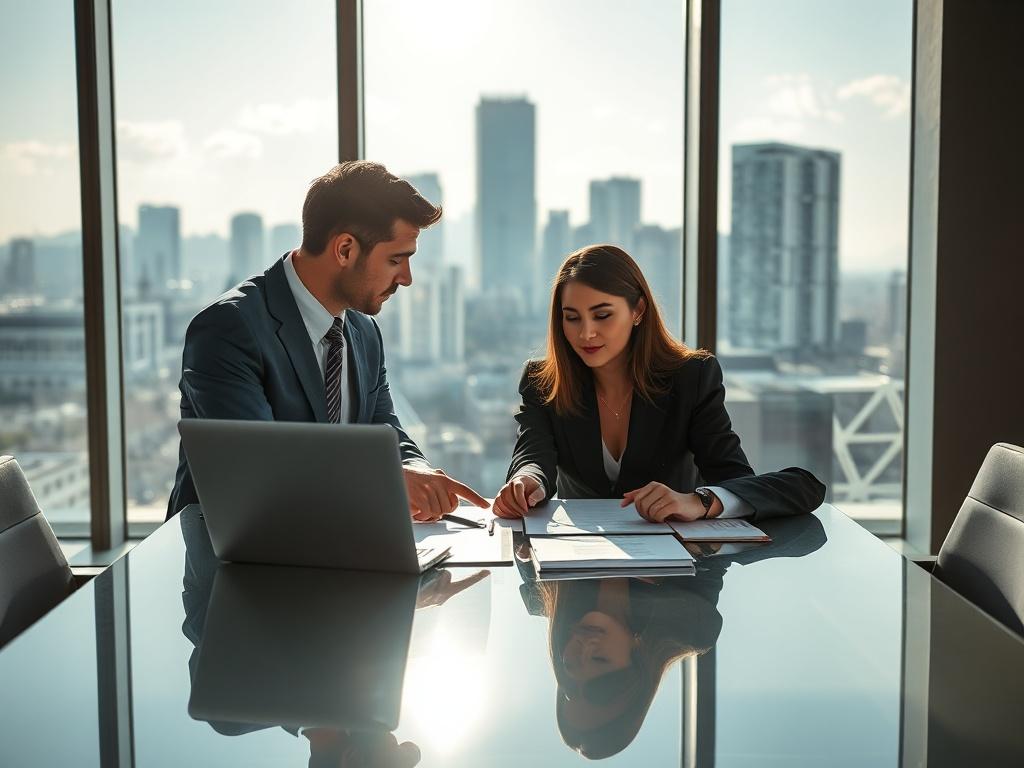 A business meeting room with two professionals discussing over a table filled with documents and a laptop. A large window shows a cityscape in the background. The atmosphere is bright and professional, emphasizing collaboration and partnership.