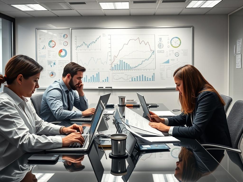 An office environment with analysts working on laptops, reviewing documents and charts. A whiteboard filled with graphs and notes is in the background, showcasing a detailed analysis process. The room is filled with focus and determination.