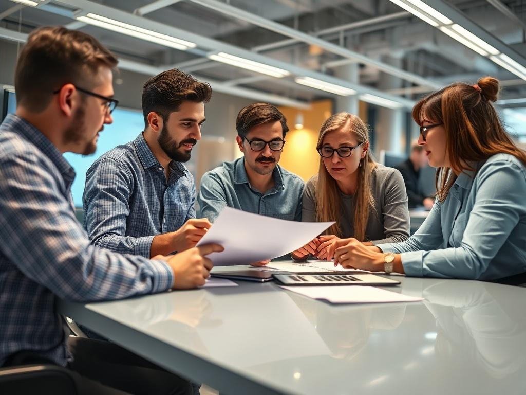 A dynamic workspace where a startup team is collaborating with mentors, discussing strategies and reviewing plans. The environment is energetic, showcasing teamwork and shared goals for success.