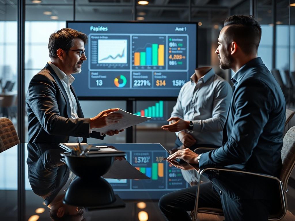 A professional setting where an investor is presenting a proposal to a startup founder, with charts and graphs displayed on a screen. The atmosphere is engaging and collaborative, highlighting a partnership in progress.