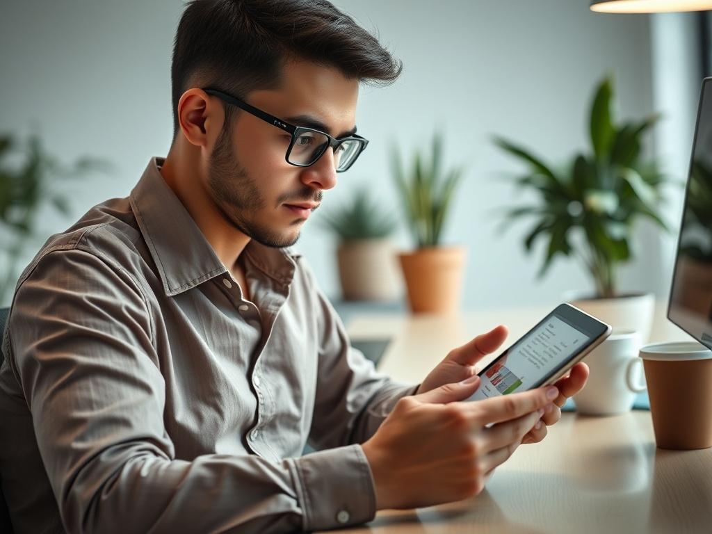 A close-up shot of a person focused on reading a digital tablet while sitting at a modern desk. The background should be a bright, well-lit workspace with plants and a coffee cup. The person should be casually dressed, showing engagement with the content on the tablet. The overall composition should convey a sense of professionalism and curiosity.