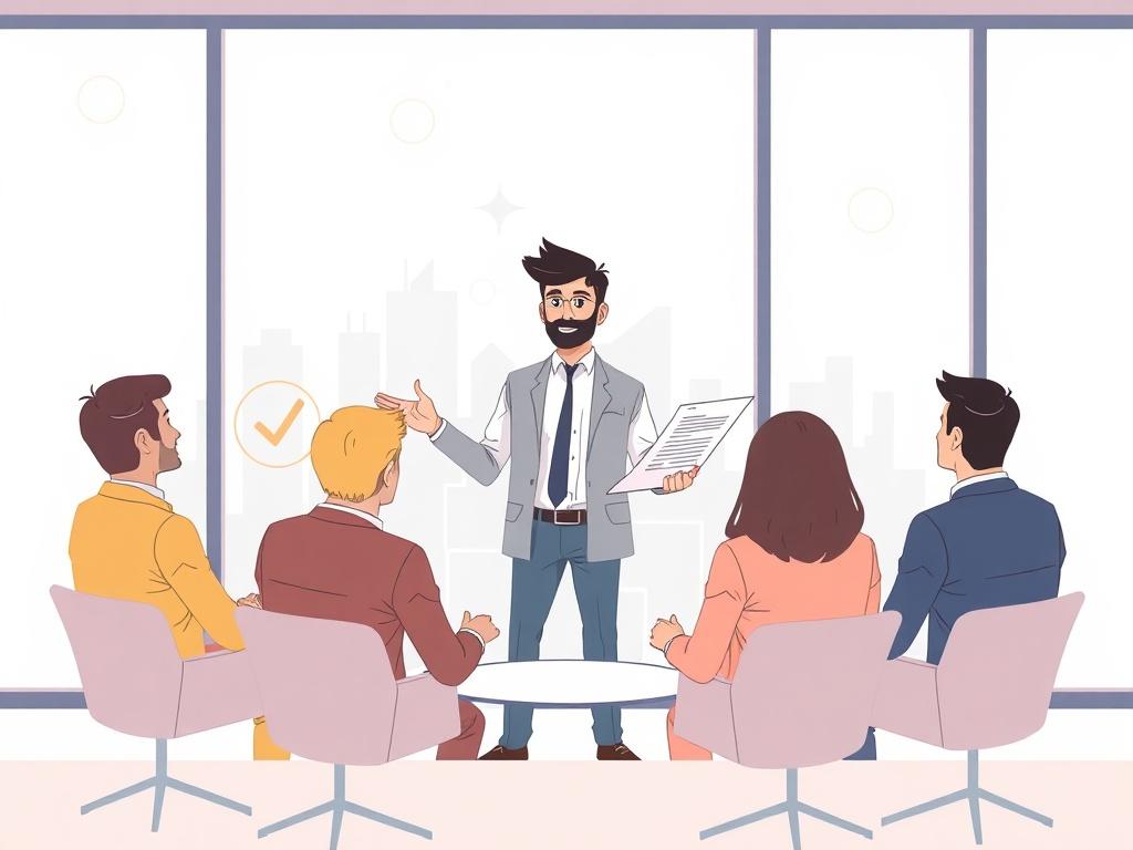 Create a high-quality illustration depicting a confident entrepreneur presenting a business plan to a group of investors. The composition should be simple and clear, focusing on the entrepreneur as the main subject. The background should be minimalistic, featuring a modern meeting room setting with a large window showing a city skyline. The color palette should include pastel colors, ensuring it complements the primary color rgb(50, 170, 39) without any text or abstract shapes.