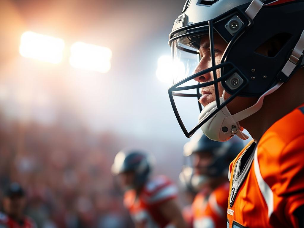 A close-up shot of a vibrant and dynamic sports scene capturing the essence of a professional sports team in action. The image should feature a player in full gear, focused and determined, showing the intensity of the game. The background should be slightly blurred to emphasize the player, with hints of a cheering crowd and stadium lights that create an electrifying atmosphere. The primary color scheme should include rgb(50, 170, 39) to align with Velocity Capital's branding.