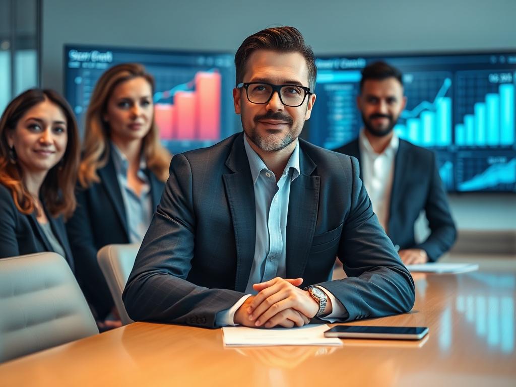 A close-up shot of a confident entrepreneur discussing business strategies with a team, set in a modern, well-lit office environment. The focus is on the entrepreneur, dressed in professional attire, exuding passion and determination. The background features a sleek conference table and digital presentation screens displaying growth charts. The image is captured with a 45mm f/1.2 lens to create a shallow depth of field, emphasizing the subject, and is in harmony with the rgb(50, 170, 39) color scheme.