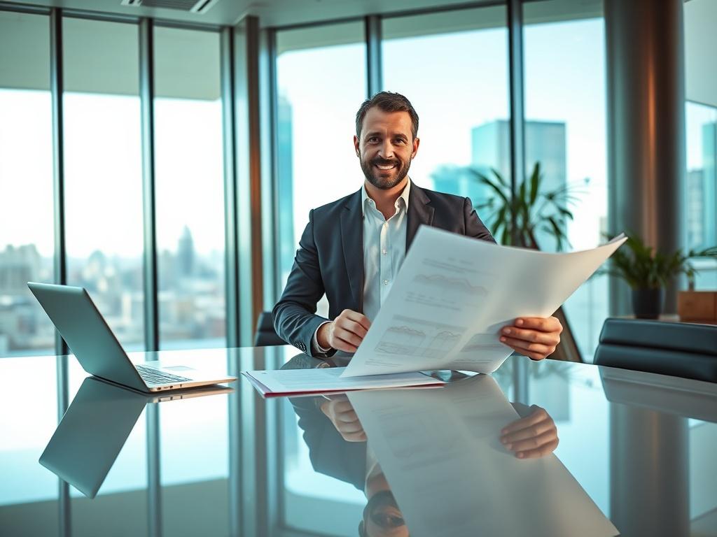 A hyper-realistic, high-resolution image of a confident entrepreneur presenting a business plan in a modern office setting. The entrepreneur is in the foreground, with a bright, reflective surface table and a sleek laptop in the background. The office features large windows with a cityscape view, illuminated by natural light. The overall color palette incorporates vibrant greens and polished metallic elements, emphasizing a sense of growth and innovation.