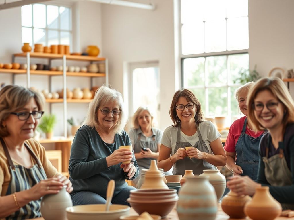 A welcoming community center interior, showcasing a vibrant pottery class in progress. Soft natural light filters through large windows, illuminating the smiling faces of participants. The background features shelves filled with colorful pottery and art supplies, creating an inviting and creative atmosphere.