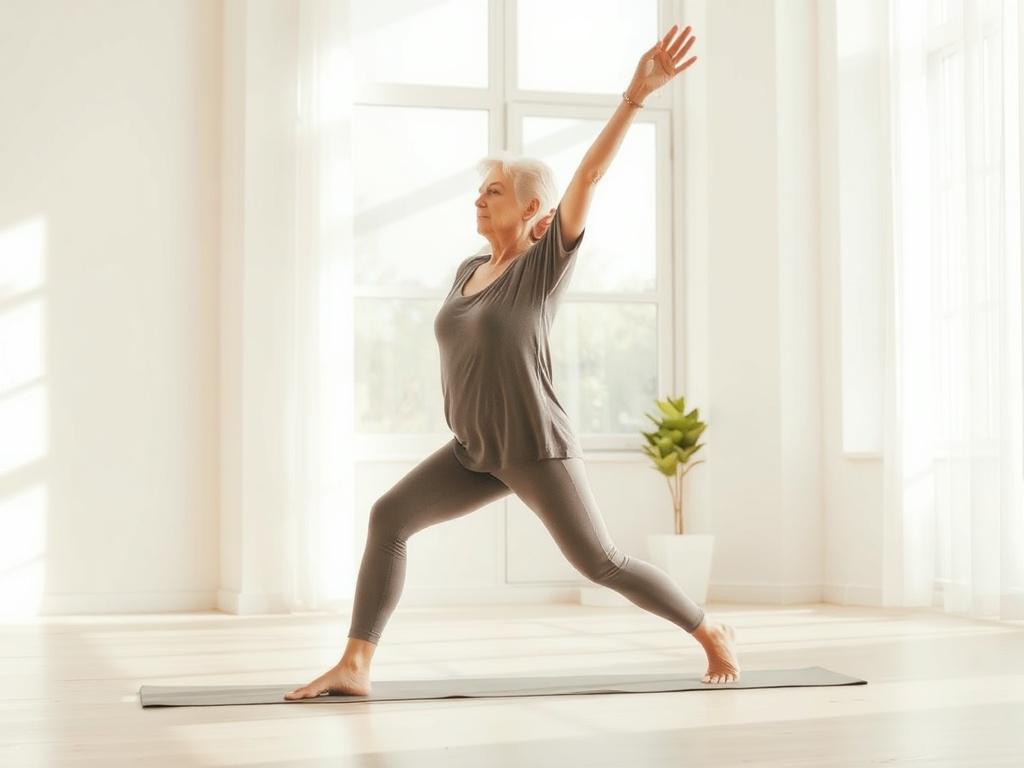 A serene image of a person practicing gentle stretching exercises in a bright, airy room. The person, a middle-aged woman, is gracefully positioned in a stretching pose, surrounded by soft natural light streaming through large windows. The background features light, calming colors in soft tones, creating a peaceful atmosphere that enhances the feeling of relaxation and well-being. The composition is simple and clear, focusing solely on the woman in the exercise, with no distractions.