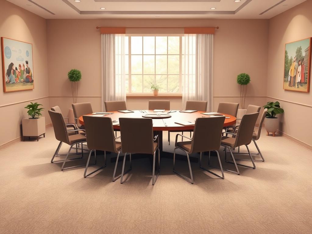A serene and inviting meeting room with a large round table surrounded by chairs. The walls are adorned with soft-toned artwork depicting community activities. A window in the background lets in gentle light, creating a peaceful atmosphere. The focus is on the table, set with notebooks and pens, symbolizing collaboration and planning.