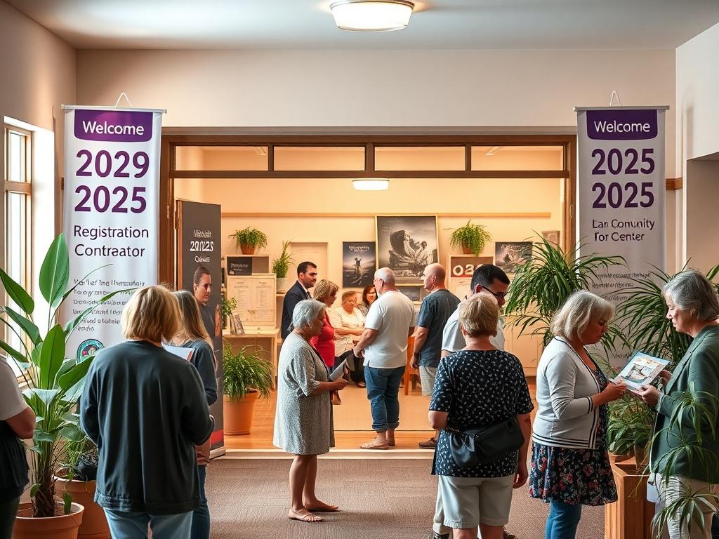 A warm and inviting community center setting, featuring a welcoming entrance with banners for the 2025 registration event. Soft lighting and gentle colors create a peaceful atmosphere. People of various ages are engaged in conversations, looking at informational materials about activities offered by the MJC. The background shows a cozy indoor space with plants and seating areas, evoking a sense of community and connection.