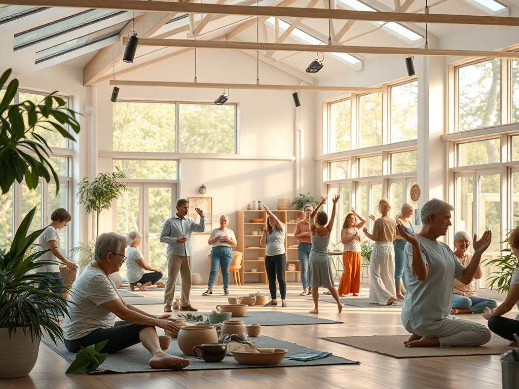 A serene indoor activity space filled with natural light. A diverse group of people of different ages are engaged in various activities like pottery, yoga, and dance. The atmosphere is warm and inviting, with elements of nature visible through large windows. Soft colors dominate the scene, creating a peaceful environment.