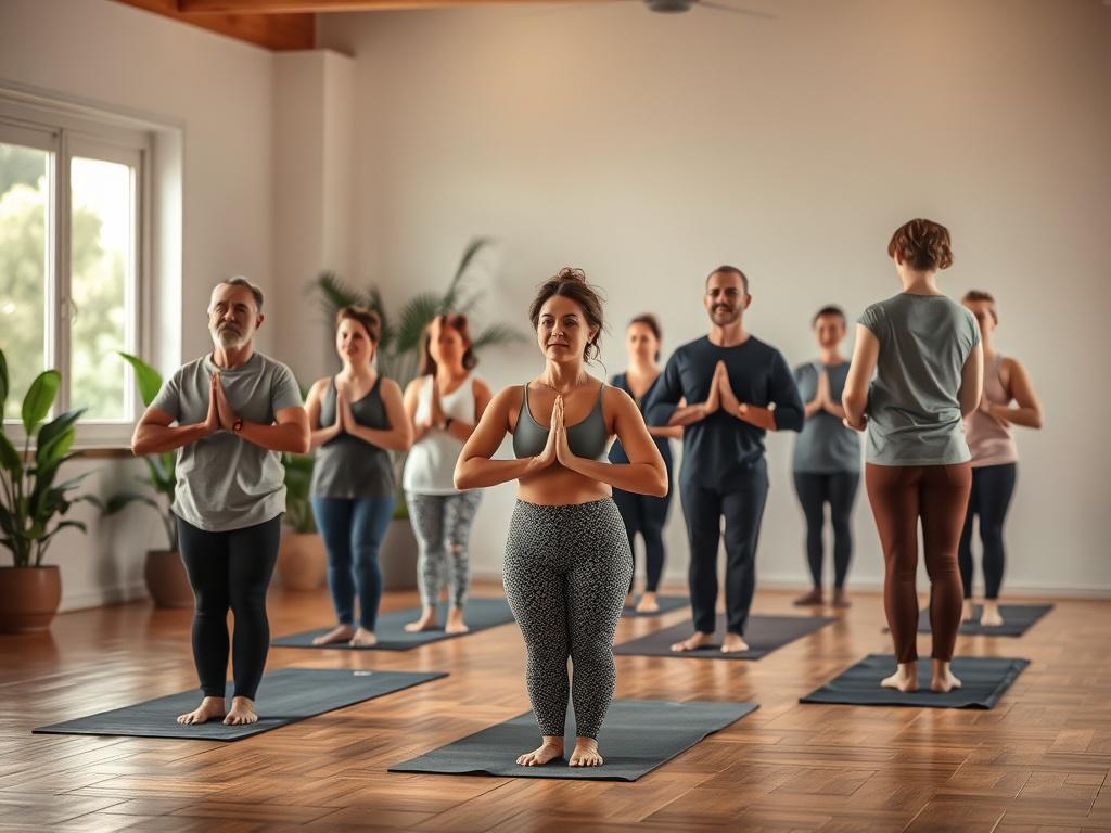 A serene yoga class taking place in a peaceful environment, featuring a calm instructor leading a group of diverse individuals practicing yoga poses. The setting includes soft lighting and natural elements like plants and wooden floors, creating a tranquil atmosphere. The color palette should include soft tones, enhancing the feeling of tranquility, with a focus on the participants’ expressions of concentration and relaxation.