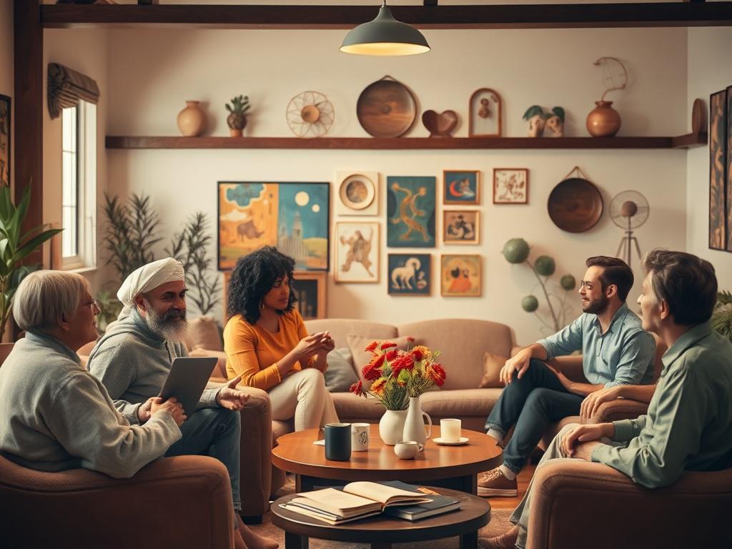 A warm and inviting scene of a community meeting in a cozy room, with diverse individuals engaged in discussion and sharing ideas. The room is softly lit, with comfortable seating and a welcoming atmosphere. There are decorative elements related to art and culture visible in the background, creating a sense of community and collaboration.