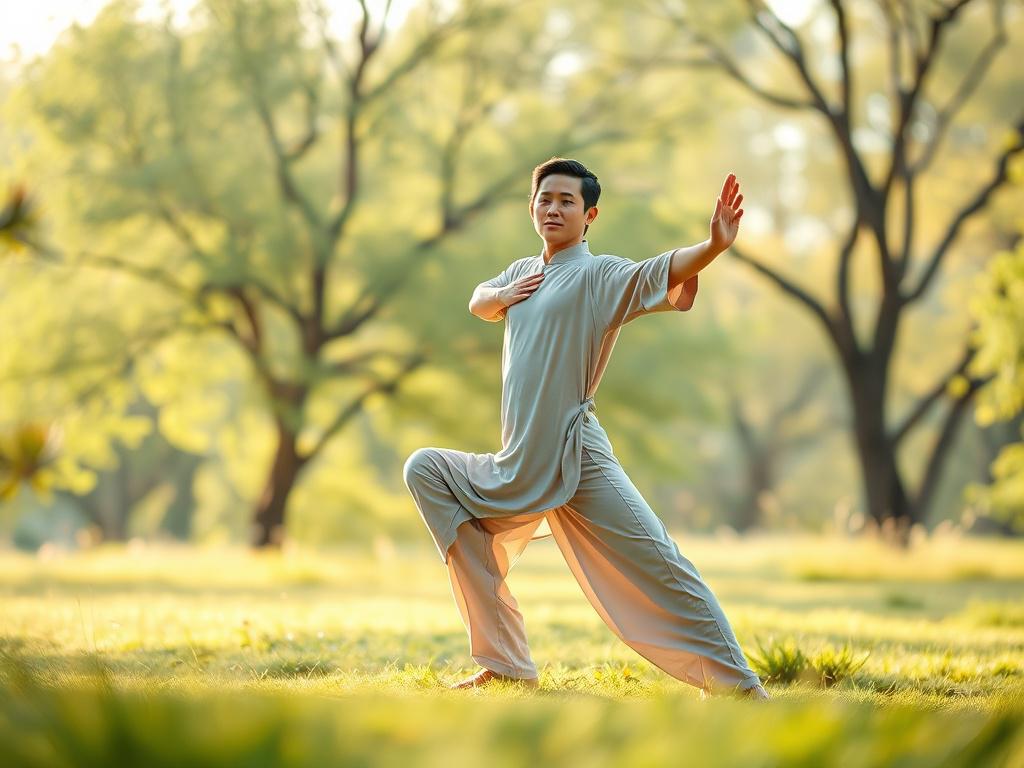 A serene and tranquil scene of a person practicing Qi Gong in a peaceful outdoor setting, surrounded by soft greenery and gentle sunlight. The individual, dressed in comfortable, flowing attire, performs a graceful pose that reflects balance and harmony. The background features soft-focus trees and a calm atmosphere, with warm, inviting tones that evoke a sense of peace and mindfulness.