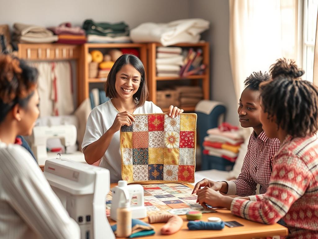 A cozy and inviting patchwork workshop scene, featuring a single female instructor demonstrating patchwork techniques to a small group of diverse participants. The background showcases colorful fabrics and sewing tools, while soft, natural light filters in, creating a warm and peaceful atmosphere. The instructor is smiling, holding up a piece of patchwork, encouraging the participants who are engaged and eager to learn.