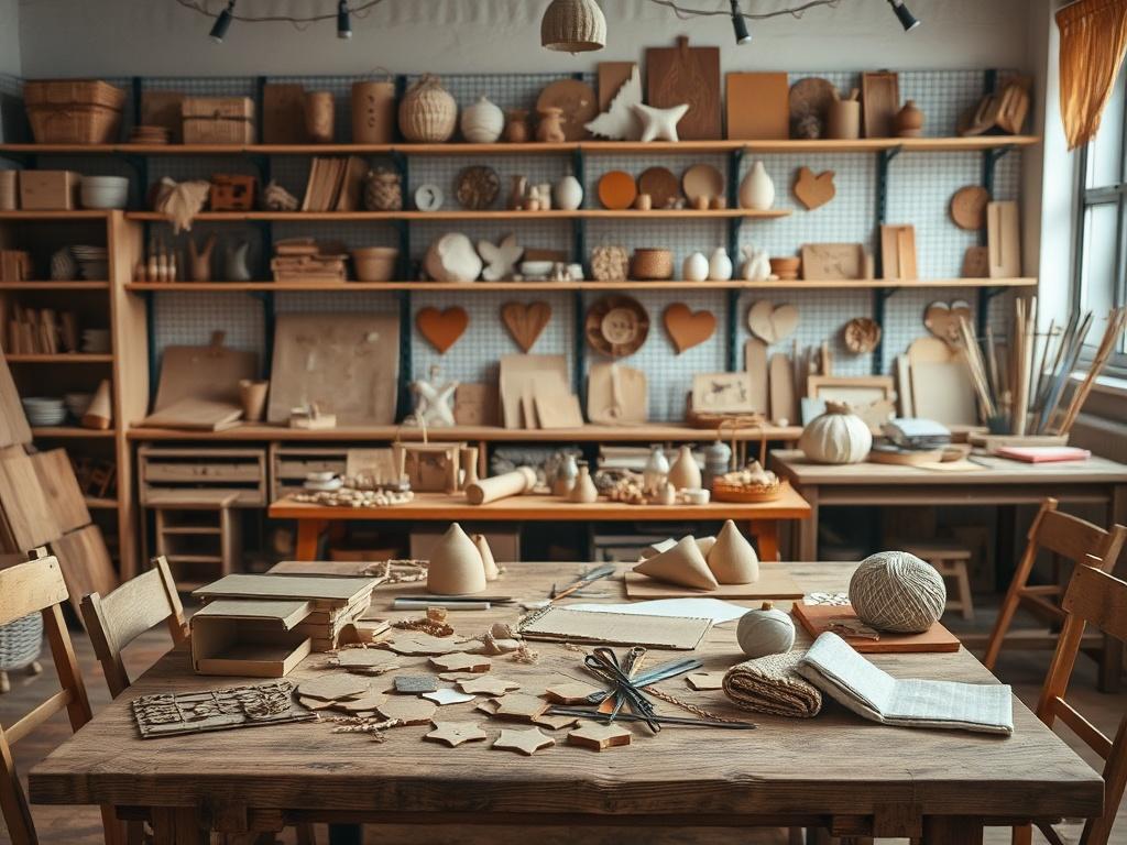 A realistic high-resolution photo of a creative workshop setting, featuring a cozy and inviting atmosphere. The focus should be on a wooden table adorned with various crafting materials like cardboard, fabrics, and wood pieces. Soft lighting should illuminate the space, creating a peaceful ambiance. The background should include shelves lined with finished crafts and tools, emphasizing the creativity and hands-on nature of the activities offered. The color palette should harmonize with soft tones, reflectin