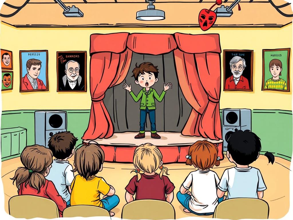 A vibrant and engaging theatre workshop scene featuring children in a classroom setting. One child is performing confidently on a small stage, with an audience of classmates sitting in front, captivated. The background includes colorful posters of famous plays and theatrical masks. The setting is bright and cheerful, showcasing a supportive learning environment. The overall atmosphere is lively and inspiring, reflecting the joy of drama and creativity.