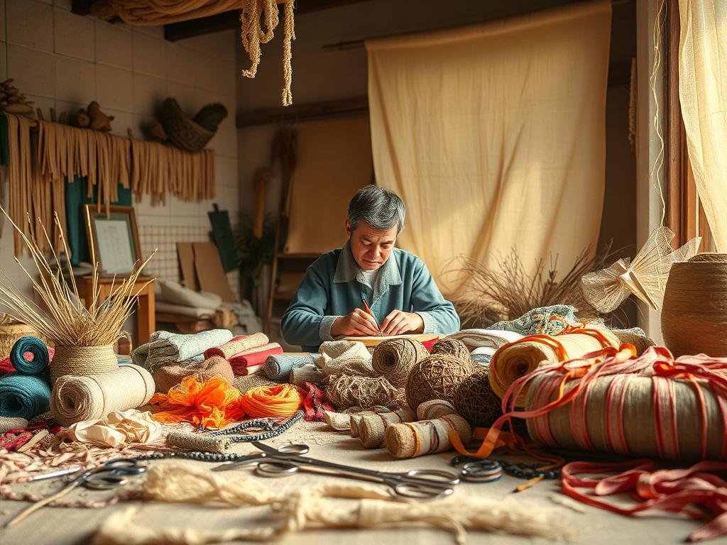 A realistic high-resolution photo of a textile art workshop. The scene features a single craftsman working diligently with colorful fabrics and natural fibers spread around. The background is warm and inviting, with soft lighting emphasizing the textures of the materials. The craftsman is focused on a project, surrounded by scissors, threads, and decorative ribbons, creating a peaceful and creative atmosphere.